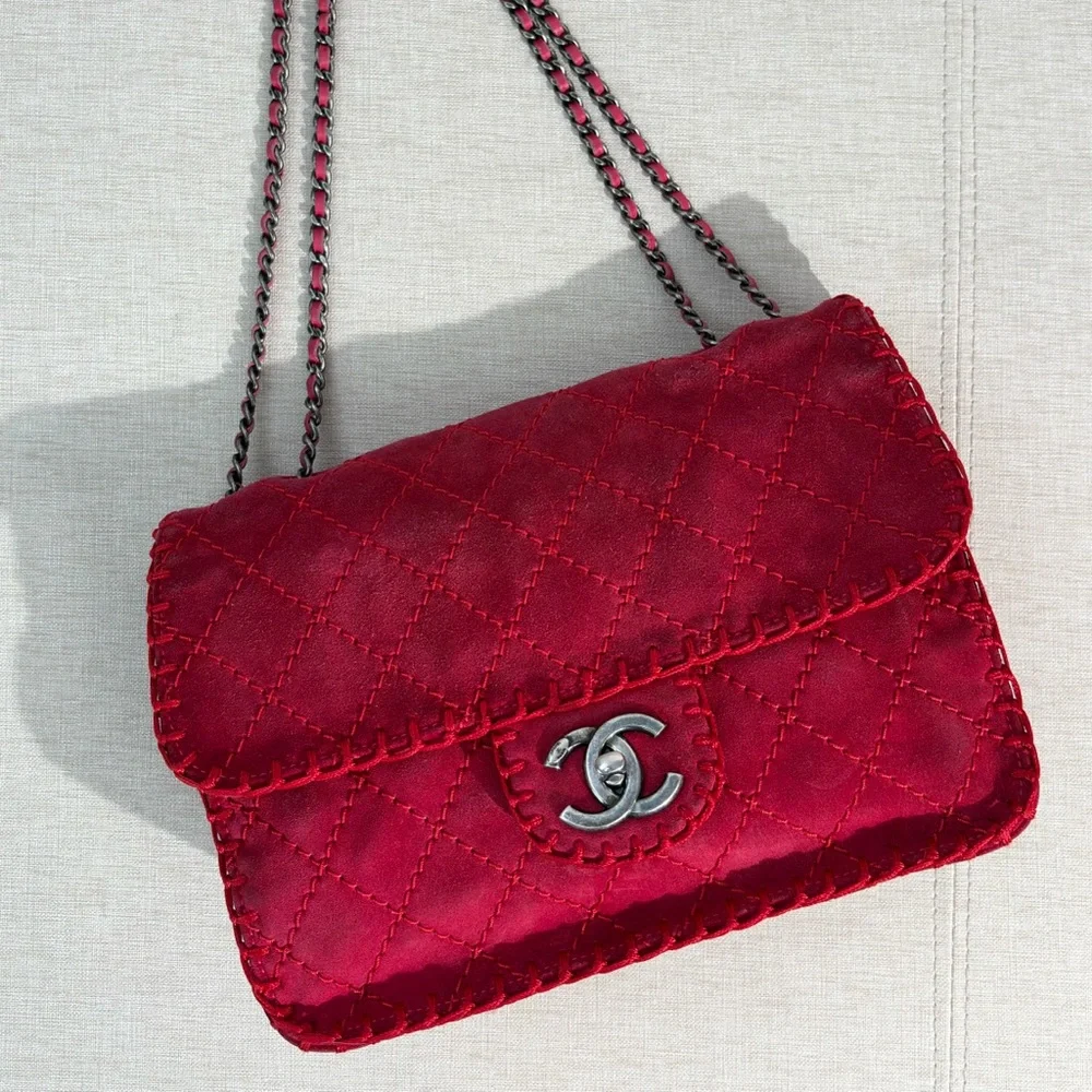 CHANEL Red Suede Whipstitched Classic Flap Medium SHW - Picture 7 of 17